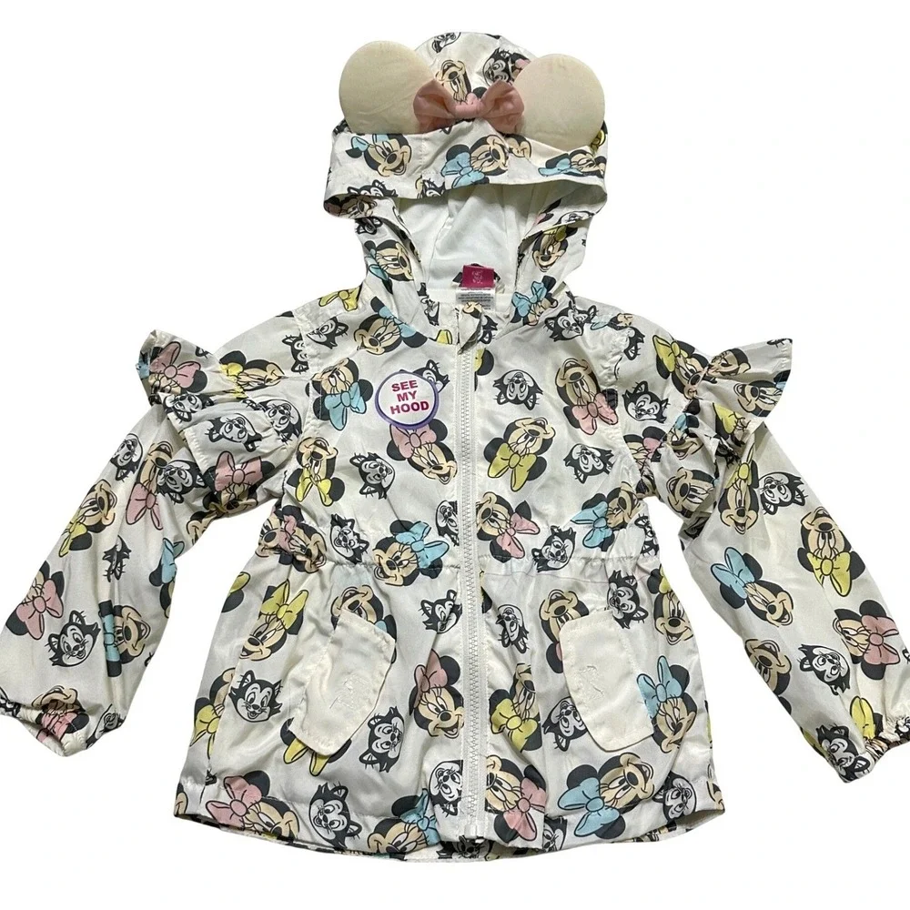 Disney Minnie Mouse Windbreaker Kids 4T Ruffle Ears‎ Hood Jacket Coat NWT